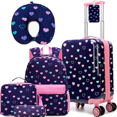 Set di Valigie per Bambini 5 Pezzi – Trolley Bambina Bagaglio a Mano Rigido con 4 Ruote Girevoli 360° – Include Zaino, Cuscino da Viaggio, Borsa Portamerenda e Astuccio – Valigia Ragazza Leggera
