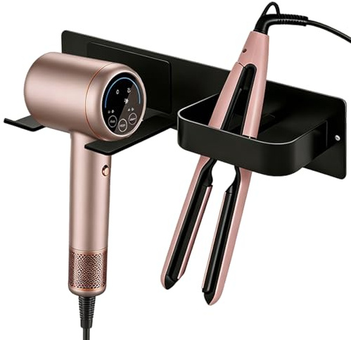 ZY-otu Hair Dryer and Straightener Holder, Stainless Steel Hairdryer Holder Wall Mounted, Self Adhesive/Drilling 2-in-1 Hair Dryer Holder for Bathroom Storage, Black