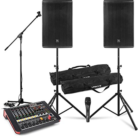 Power Dynamics Complete PA System Package for Bands & Singers – PD412P 12 Passive Speakers, Mixer Amplifier with DSP Effects, Microphone, Stands & Bluetooth Audio (400W)
