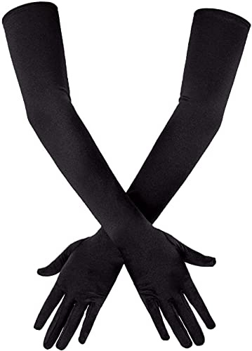 Long Elbow Satin Gloves 21 inch Stretchy 1920s Opera Gloves Evening Party Dance for Women, Black, One Size