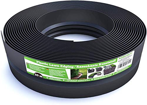 Flexible Rasenkante Kunststoff (20 m, schwarz) - Robustes Stay-in-Place Design - Sehr Gut zu Verarbeiten, Min. 30 Jahre Lebensdauer, Unsichtbar - Beeteinfassung aus 100% recyceltem Plastik