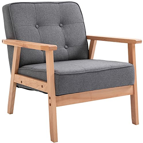 HOMCOM Accent Chair, Linen Fabric Armchair, Occasional Chair with Rubber Wood Frame for Living Room Reception Bedroom Balcony, Grey and Natural