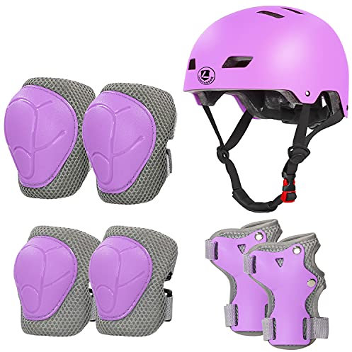 LANOVAGEAR Casco Infantil Set de Protección Casco Protección Patinaje 2-8 años Ajustable Rodilleras Coderas y Muñequeras para Patinaje Ciclismo Monopatín Skateboard (púrpura, S)