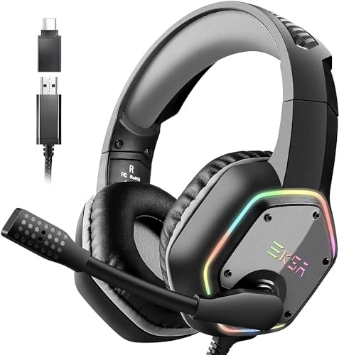 EKSA Cuffie Gaming, Cuffie da Gioco con Microfono Cancellazione del Rumore e Audio Surround 7.1,Cuffie da Gioco Cablate con luci RGB, Cuffie USB per PS4/PS5/PC, Blu