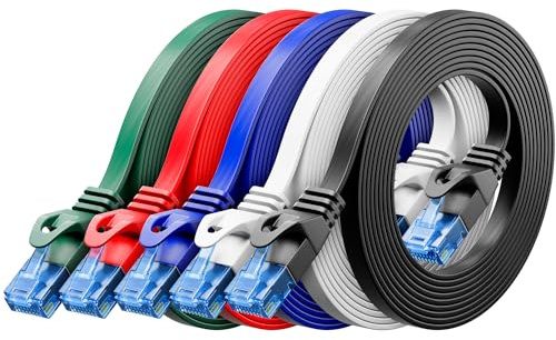 deleyCON 5x 0,25m CAT6 Câble Réseau Plat 1000 Mbit Gigabit LAN - Cat 6 RJ45 Ethernet Câble Patch Mince Plat - pour Internet Switch Routeur Modem Panneau Patch - Coloré
