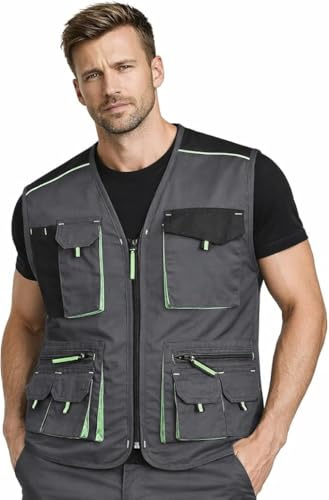 BWOLF Brave - Gilet da lavoro multifunzione da uomo, con chiusura lampo, rinforzato con poliestere Oxford 600D, grigio/verde., XXXL