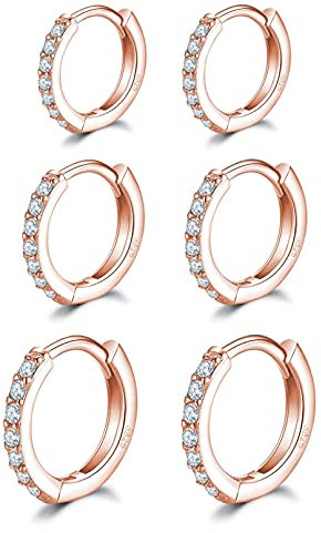 Creolen RoseGold Ohrringe für Damens, Ohrringe 925 Sterling Silber Kleine RoseGold Creolen mit AAA Zirkonia, 3 Paar hypoallergene kleine Sleeper Huggie Kreolen