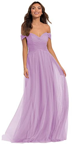 N/ C Abiti da damigella d'onore in tulle con spalle scoperte da donna abiti formali lunghi innamorati per matrimonio C003, Lilla, 42