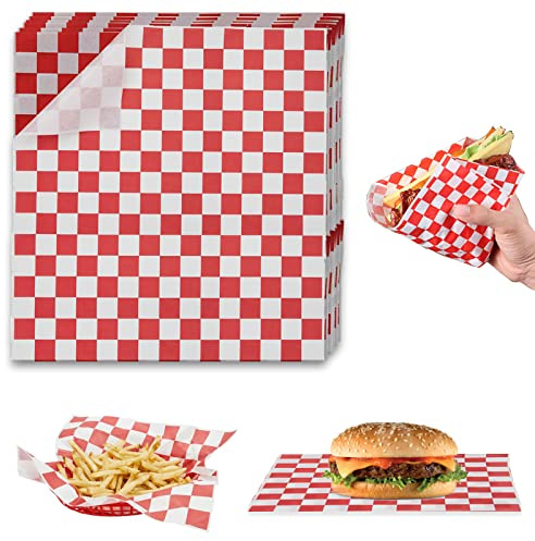 Carta per hamburger a scacchi, 100 fogli di carta da forno, carta da forno antiaderente per cestini, carta cerata impermeabile a prova di olio per confezioni di gastronomia 10 '' x 11 ''