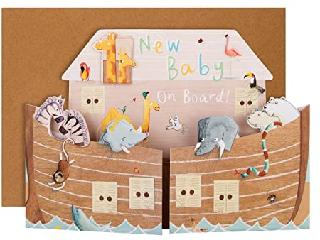Hallmark Carte de naissance, 3D et pop up, motif arche de Noé, avec animaux, pour garçon et fille, marron, bleu, jaune