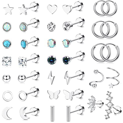JeweBella 19 Pairs Small Cartilage Helix Earrings Set - Surgical Steel Hypoallergenic Star Moon Flatback Zirconia Hoop Stud Piercing for Women Men