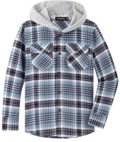 Spring&Gege Camisa con capucha de franela a cuadros de manga larga con botones para niños, azul, 11-12 años