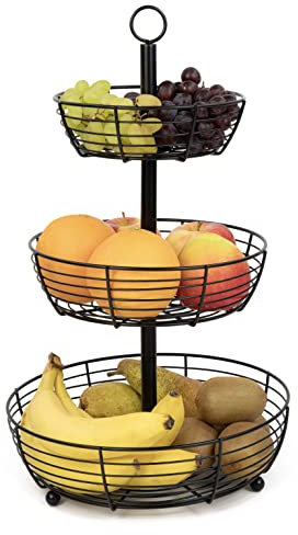 Auroni schwarze Etagere - 3 Etagen großen runden Obstteller zur Präsentation - stilvoller Obstkorb - 3 stöckige Obstschale - auch für kleine Früchte - bietet viel Platz H= 47 cm, D= 29 cm