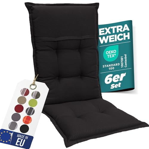 gardisun Gartenstuhlauflagen Hochlehner, 6er Set, Schwarz | Extra Dicke Sitzauflagen, Made in EU, Polsterauflagen für Hochlehner Gartenstuhl, Auflagen mit hoher Lichtechtheit