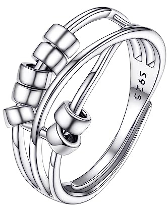 Supcare Damen 925 Sterling Silber Ring Verstellbar Wickelring Spinner Anxiety Relief Angst Fidget Bead Drehbarer Fingerring Promise Jewelry für Herren Style C-Zylindrische Perlen