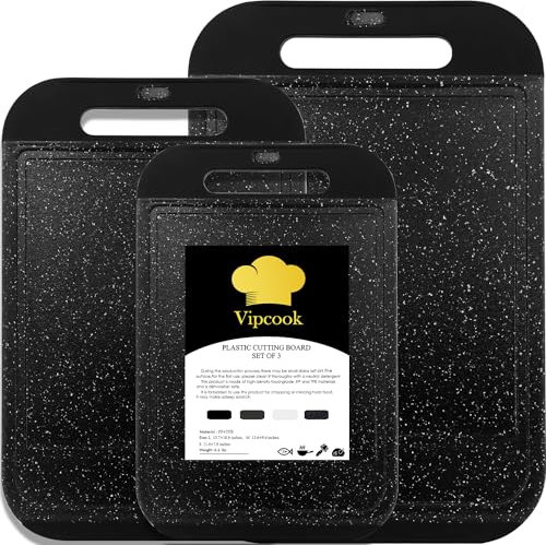 Juego de 3 tablas de cortar de plástico para cocina, tabla de cortar más grande, apta para lavavajillas, con mango de fácil agarre, ranuras para jugo, sin BPA, antideslizantes, aptas para cuchillos