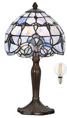 HomeBeauty TL0006 Small Tiffany Lamp Baroque Design Handcrafted Stained Glass Table Lamp for Small Space Bedroom Bedside Nightstand Home Office, 8 W x 14.25 H, LED Bulb Included (Blue Baroque)