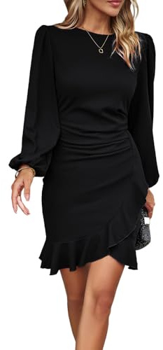 RPAEOY Vestido Mujer Elegante Manga Larga Vestido De Volante Dobladillo Bodycon Lápiz Vintage Midi Vestidos para Invitada Coctel Noche Negro L