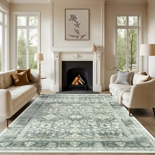 HOMFINE Grün Vintage Teppich Wohnzimmer 199x300 cm Waschbarer Kurzflor Boho Teppiche Weich rutschfest Groß Retro Rugs for Living Room Carpet for Schlafzimmer Esszimmer Küche