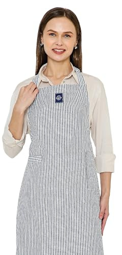 Encasa XO Kochschürze aus Baumwolle für Damen und Herren, Küchenschürze mit verstellbarem Nackenband, Tasche und Handtuchhalter, Kochen, Backen, Grillen, Gestreiftes Marineblau, 68x85 cm