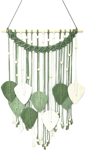 Ueiwffzo Makramee Wandbehang Wandteppich Boho Deko Makramee Wandteppich mit Holzperlen und Blätter Tapisserie Wandbehang Boho für Schlafzimmer Kinderzimmer Wanddeko (Grün)
