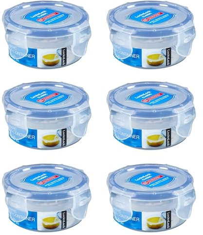 LocknLock Set of 6 HPL932 Storage Containers, Round, Food Storage Containers, 300 ml, Diameter 114 x 55 mm Height, Food Containers, Sugar Storage, Salad Dressing and Sauces, Lock and Lock Can Boxes,
