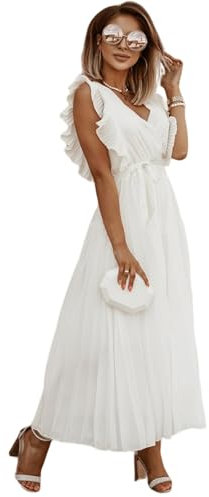 HEYPORK Damen Frühling Sommer Kleider Bequem Lässig Kleid Mode Elegant Röcke Frauen Temperament Langes Kleid Geraffte Ärmel Chiffon Faltenrock Feste Farbe Kleider(Weiß, M)