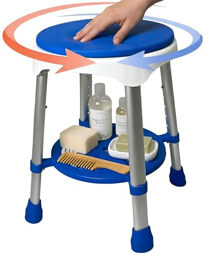 Sgabello da Doccia girevole a 360° con Cuscino Antibatterico e Ripiano Portaoggetti, con Altezza Regolabile per Anziani e Disabili Bianco