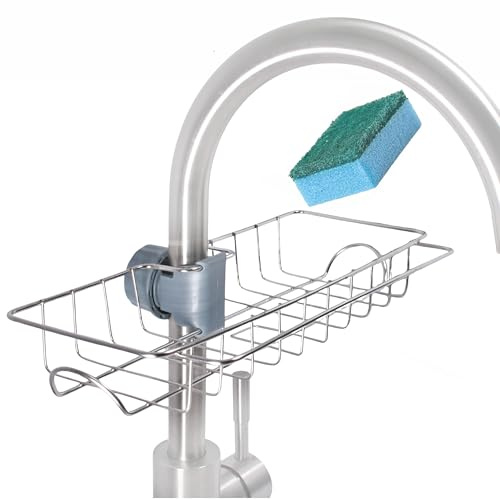 wohhwo Spülbecken Organizer aus Edelstahl, 27,5 x 13,5 x 4 cm, Spültuchhalter, Küchen Schwammablage für Montage am Wasserhahn ohne Bohren und Kleben, Schwammhalterung für die Küchenspüle