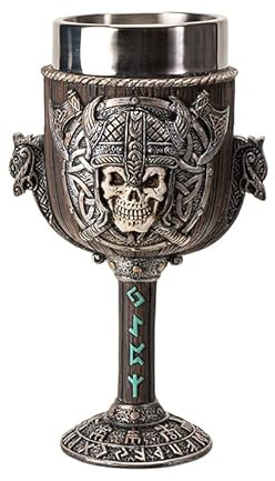 Pacific Giftware Viking Warrior Skull Goblet 8 Floz Resin and Stainless Steel Chalice with Nordic Symbols and Viking Shield Design Perfect for Wine and Unique Home Decor
