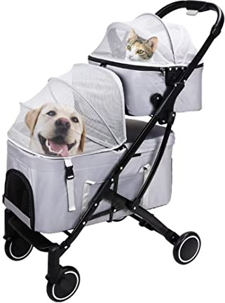 Abnehmbare Haustier-Trolley-Kinderwagen, Haustier- Doppelter separater Kabinenkorb for Hund und Katze, kleiner und mittelgroßer Haustierwagen, zusammenklappbarer Hundekinderwagen mit verstellbarer Mar