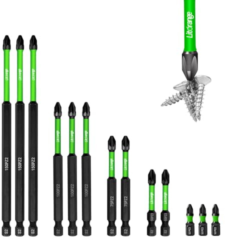 Litorange 13 Stück PZ2 Bitsatz für Akkuschrauber, Impact Bits Set lang | S2-Stahl, schwarz phosphatiert. 25/50/75/100/150mm lang. 1/4 Sechskantschaft, magnetischer PZ2 Bit. Für Schlagschrauber