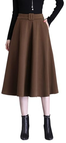 Beeblily Jupe Longue Femme Hiver Élégant Taille Haute Slim Midi Jupe A-Ligne Taille élastique Laine Chaud Plissée Jupe (M-Taille élastique 73CM-Brown)
