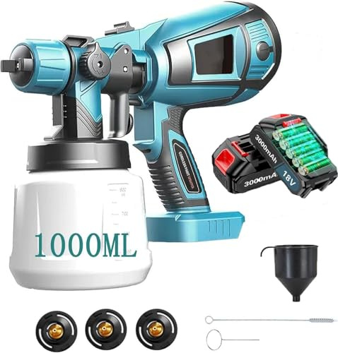 Pistola a Spruzzo, Sostituzione Per Makita, mit Batteria 2x3000mah E Caricabatterie Pistola Per Verniciatura Di Pareti, Soffitti,Recinzione Da Giardino, Spruzzatore 1000ml