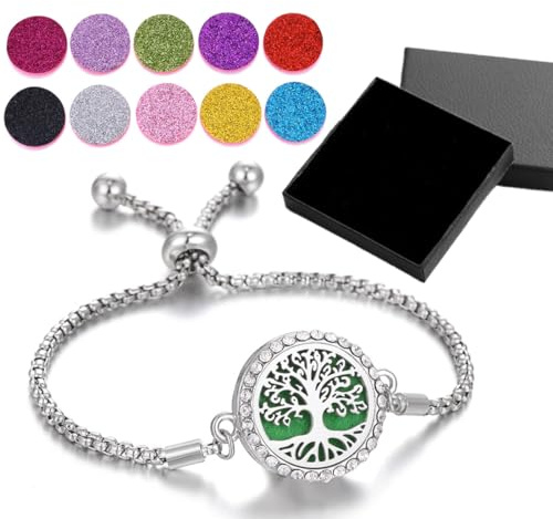 Bracelets pour Femmes, Réglable Bracelet Diffuseur d'huiles Essentielles Arbre de Vie en Acier Inoxydable,Aromathérapie Bijoux en Cadeaux de Précieuses Avec coffret cadeau avec 10 Tampons de Recharge