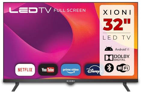 SG ELECTRONICS Xioni, Smart TV 32 Pollici, Display HD 1366x768, Android 14, Netflix, Prime Video, YouTube, Dolby Audio, HDMI, Bluetooth, Wi-Fi, DVT-2 DVB-S2, Telecomando
