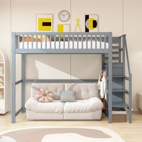 FAYICIC Hochbett 90x200 mit Treppe, Kinderbett aus Holz mit Aufbewahrungsregal, einfacher Kleiderschrank Grau