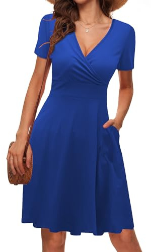 LIAMERHE Vestido Manga Corta Mujer Casual Verano Vestidos Cuello en V Elegante Vestido Largo hasta la Rodilla Azul S