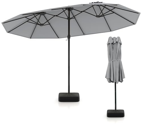 COSTWAY Ombrellone Giardino Doppio 443 x 265 cm, con Base (Grigio) | Ombrellone Rettangolare da Giardino con Manovella, con 2 Sacchi di Sabbia, con 12 Stecche, per Giardino Piscina Cortile