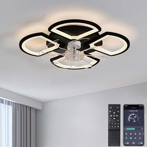 50 cm Ceiling Fans with Lamps Modern 6 Speed Silent Black Dimmable Ceiling Light Fan with Remote Control Timer Low Profile LED Ceiling Fans with Lights for Bedroom Living RoomBlack50