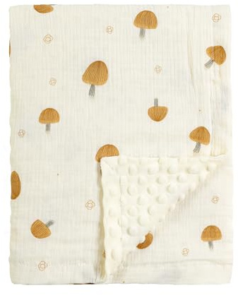 CREVENT Organic Muslin Cotton Baby Blanket for Newborns, Soft Mink Backing, Essential for Baby Shower Birthday Gift – Mushroom 75 x 100 cm