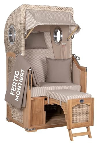 MR. DEKO® Strandkorb Düne Single Teak 1-Sitzer Bullauge | PE Geflecht Shell | Volllieger verstellbar mit Fußablage | inkl. 2 Kissen Wechselpolster | Strandkörbe fertig montiert | Bezug Dessin 510