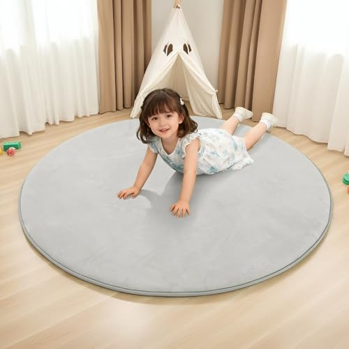 BYBYME 3cm Dicke Faltbare Krabbelmatte Baby, Ø120cm Spielmatte mit Rutschfester Unterseite, Weiche Bodenmatte aus Memory-Schaum für Babys, Kinder & Kleinkinder, Ideal für Wohnzimmer & Yoga, Grau