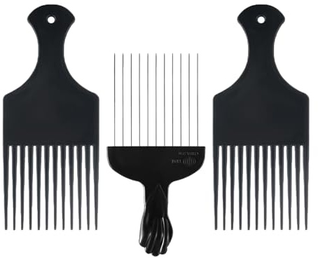 JIUANODD 3 Pack Plastic & Metal Hair Pick Comb Set for Curly & Afro Hair – Detangling & Styling for Men & Women – Includes 2 Plastic Picks and 1 Stainless Steel Metal Pick