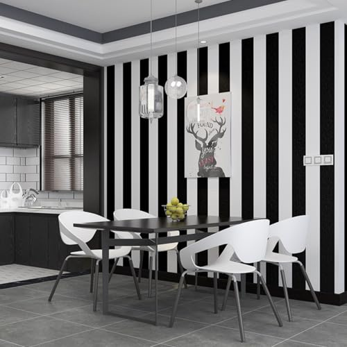 ESSMOKO Papel tapiz autoadhesivo de rayas blancas y negras para decoración de paredes de dormitorio y bar papel tapiz autoadhesivo de PVC rayas blancas y negras 45 * 950cm