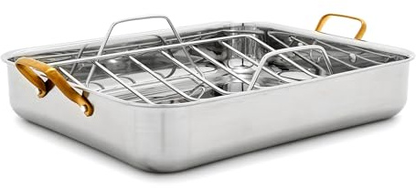 GreenPan Reserve 16 x 13 Tri-Ply Stainless Steel Roasting Pan with Roaster Rack, Multiclad Cookware, Induction Suitable, Gold Stainless Steel Handles, Dishwasher & Oven Safe, Silver
