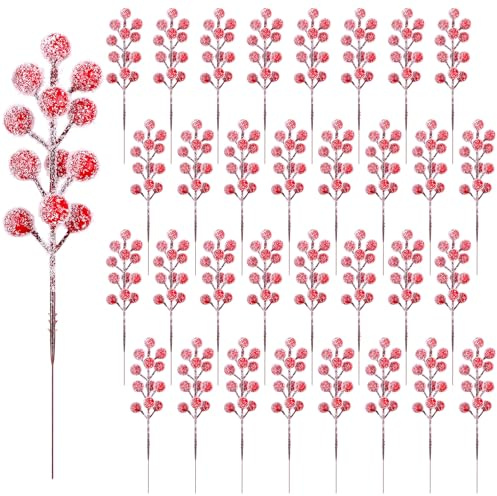Fangoo 32 PièCe 23 cm Branches Baies Rouges de NoëL Artificielles EnneigéEs Faux Tiges de Houx pour DéCoration pour DéCorations de NoëL Bricolages d'hiver Mariage FêTe à Domicile