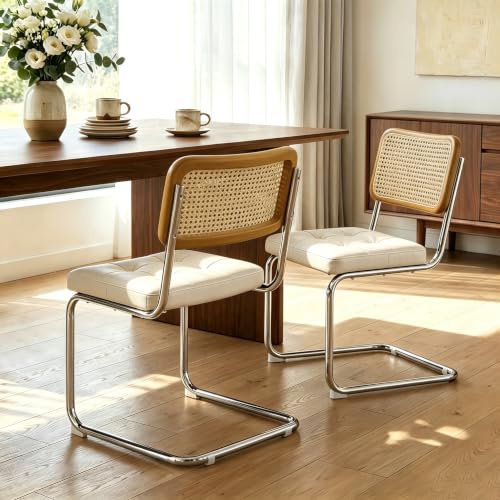 Zouron Schwingstühle 2er Set Beige - Besucherstuhl Polsterstuhl mit Eichenholz, Freischwinger Stühle, Offwhite Kunstleder Rattanstühle, Esszimmerstühle Geflecht-Stuhl Dining Chair, Chrom Metallbeine