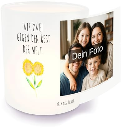 Mr. & Mrs. Panda Foto im Glas Blume Sonnenblume - Geschenk, Fotogeschenk Windlicht, Beste Freundin, Teelichthalter, mit, Best Friends, Blumen Deko, Eigenem, Vertrauen, Bild, Sonnenblumen