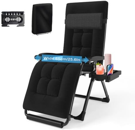 YOGFWV Liegestuhl Klappbar Gepolstert, 65cm Breit Verstellbar Relaxsessel Sonnenliege mit Kopfkissen, Getränkehalter & Auflage, Gartenliege Belastbar bis 200kg für Outdoor Balkon Terrasse Camping
